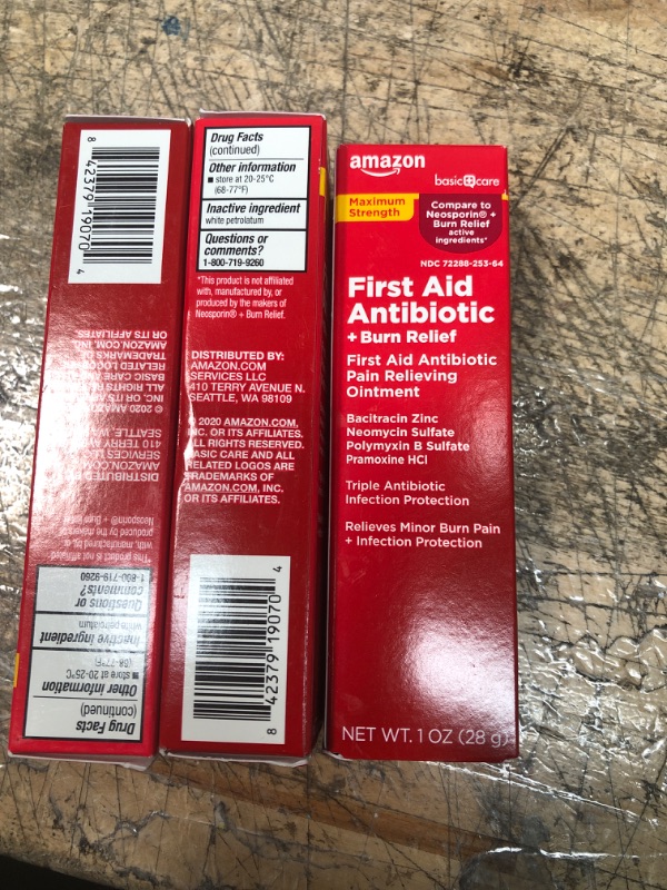 Photo 2 of BUNDLE OF 3---Amazon Basic Care First Aid Antibiotic + Burn Relief, Maximum Strength Triple antibiotic Ointment for First aid and Burn Relief, 1 Ounce Antibiotic + Burn Relief 1 Ounce (Pack of 1)