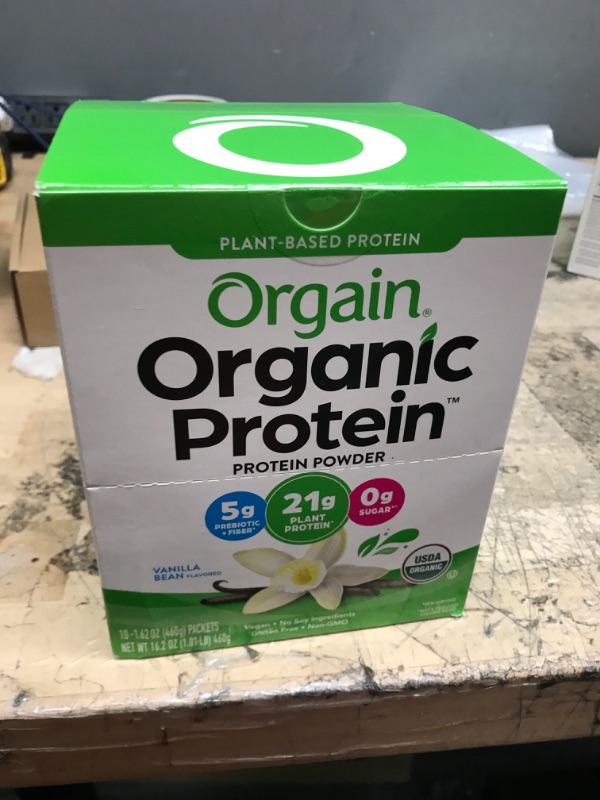 Photo 2 of **EXP DATE 06/02/23!! Orgain Organic Plant Based Protein Powder Travel Pack, Vanilla Bean - 21g of Protein, 5g of Fiber, No Dairy, Gluten, Soy or Added Sugar, Non-GMO, 10 Count 10 Count Travel Pack Vanilla