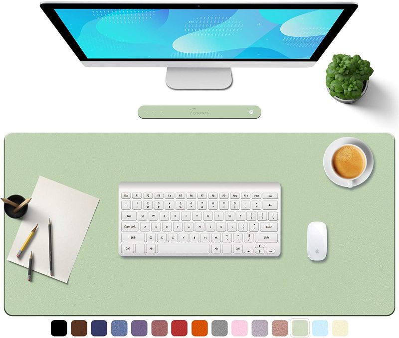 Photo 1 of TOWWI PU Leather Desk Pad with Suede Base, Multi-Color Non-Slip Mouse Pad, 32” x 16” Waterproof Desk Writing Mat, Large Desk Blotter Protector (Light Green)
