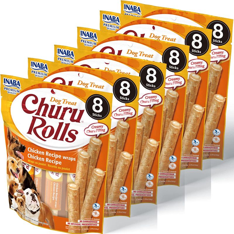 Photo 1 of **exp date 05/10/23!! INABA Churu Rolls for Dogs, Grain-Free, Soft/Chewy Baked Chicken Wrapped Churu Filled Dog Treats, 0.42 Ounces Each Stick| 48 Stick Treats Total (8 Sticks per Pack), Chicken Recipe
