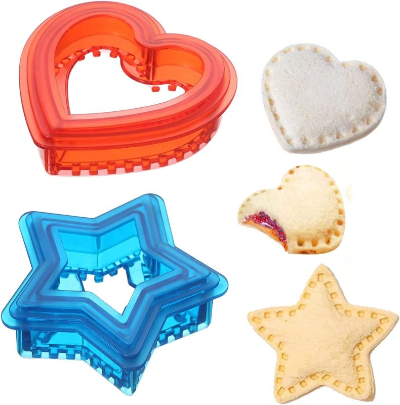 Photo 1 of 2PCKS OF Sandwich Cutter and Sealer Uncrustables Sandwich Maker 2 Sets Bread Sandwich Decruster Maker for Boys and Girls Kids Lunch Lunchbox and Bento Box Heart and Pentagram(Red&Blue)
