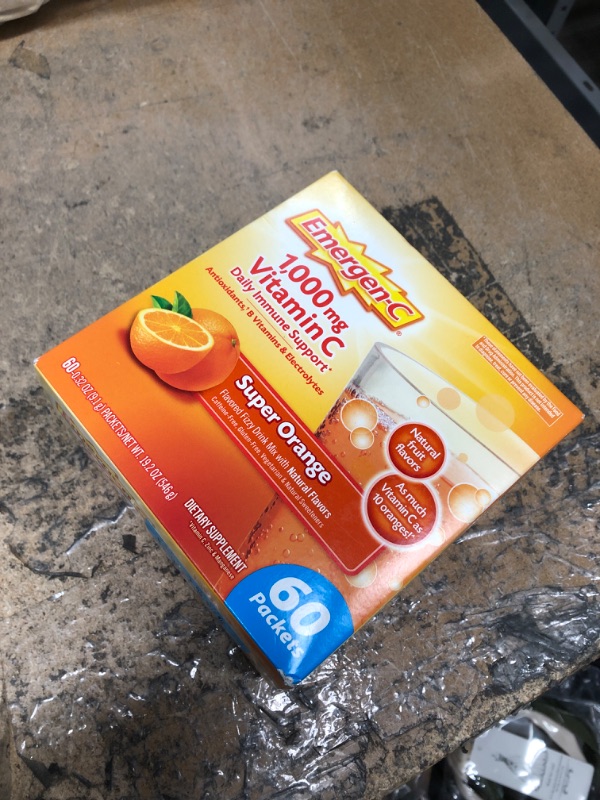 Photo 2 of bb: 01/2024*- Emergen-C 1000mg Vitamin C Powder for Daily Immune Support Caffeine Free Vitamin C Supplements with Zinc and Manganese, B Vitamins and Electrolytes, Super Orange Flavor - 60 Count/2 Month Supply