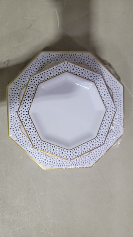 Photo 1 of 150 PCS Gold Plastic Plates with Silverware, Clear Disposable Plastic Dinnerware for, Unique Gold Rims Design,