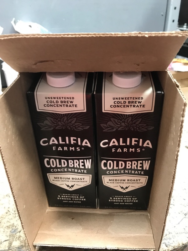 Photo 2 of *EXP: 5/11/2023* 6 PACK Califia Farms - Unsweetened Cold Brew Coffee Concentrate, 32 Oz, 100% Arabica, Shelf Stable, Plant Based, Vegan, Gluten Free, Non GMO, Sugar Free, Iced Coffee Black Unsweetened Coffee 32 Fl Oz (Pack of 1)