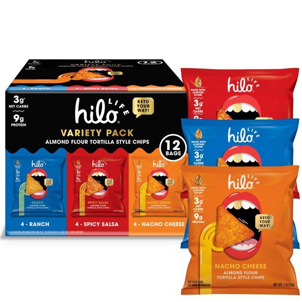 Photo 1 of *EXP: 4/16/2023* Hilo Life, Low Carb Keto Friendly Tortilla Chip Snack Bags Nacho Cheese Ranch Spicy Salsa, Variety Pack, 12 Count
