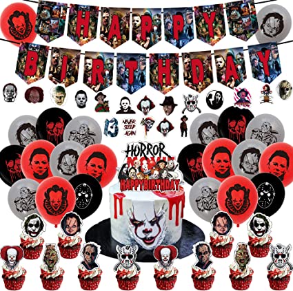 Photo 1 of 100Pcs Horror Movie Character Party Decorations Set, Horror Theme Birthday Supplies Include Banner, Balloons, Cake Cupcake Toppers and Stickers for Adults Easter Birthday Party Supplies Decoration (style 1)
