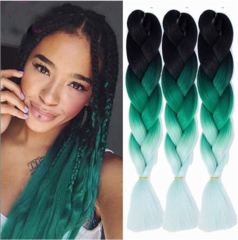 Photo 1 of 24“ Xpression Braiding Hair Ombre Jumbo Braiding Hair Extension Jumbo Braids for Box Braids Twist Crochet Hair (Jumbo Braiding-6PCS, Black to Dark Green to Light Green)