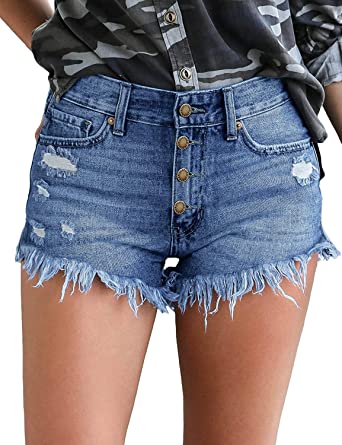 Photo 1 of luvamia Women Casual High Waisted Denim Shorts Frayed Raw Hem Ripped Jeans Shorts