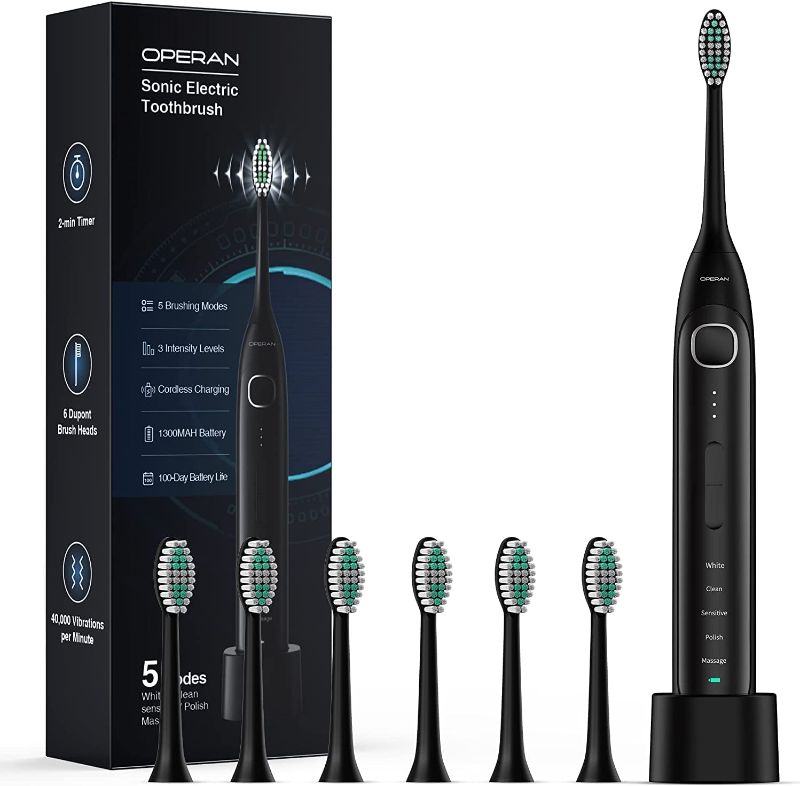 Photo 1 of Operan Electric Toothbrush for Adults High Power Sonic Rechargeable Toothbrush with Smart Timer 5 Modes 6 Brush Heads 40,000 VPM Motor 6 Hours Fast Charge...