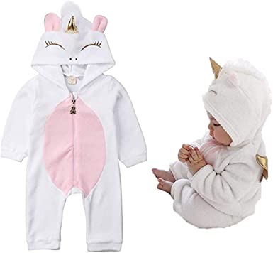 Photo 1 of Baby Girls 3D Unicorn Angel Wings Hooded Zipper Romper Jumpsuit Christmas Outfits Clothes Pink White 0-6 months