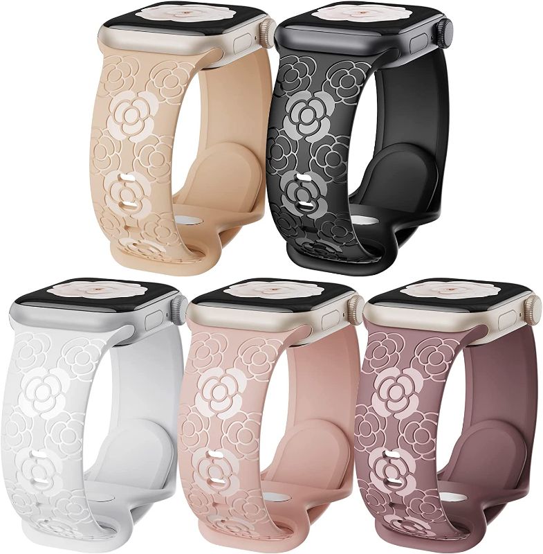 Photo 1 of 5 Pack Flower Engraved Silicone Band Compatible With Apple Watch Band 38mm 40mm 41mm, Cute Women Elegant Camellia Floral Designer Sport Band Replacement for iWatch Series 8 7 6 5 4 3 2 SE MilkTea-38 