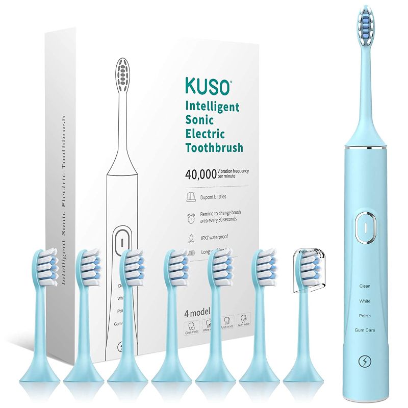 Photo 1 of Kuso Real Ultrasonic Rechargeable Electric Toothbrush, 4 Modes with Smart Timer, 8 Brush Heads Included, 4 Hour Charge Last 30 Days for Oral Care Whitening(Light Blue) 