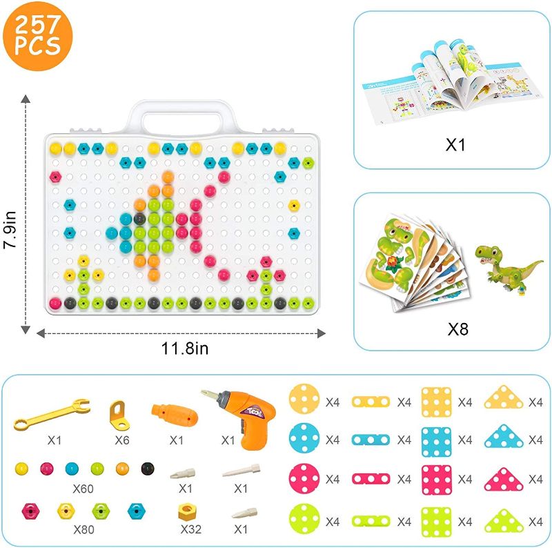 Photo 6 of 257 Pcs Creative Mosaic Drill Set for 3 4 5 6 Year Old,3D Construction Engineering Building Blocks Electric Toy Drill, STEM Toys for Kids Boys and Girls Ages 3 4 5 6 Birthday Gifts
