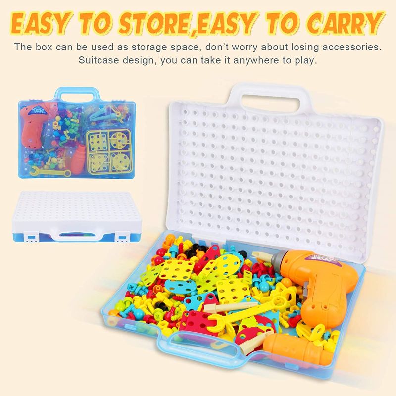 Photo 5 of 257 Pcs Creative Mosaic Drill Set for 3 4 5 6 Year Old,3D Construction Engineering Building Blocks Electric Toy Drill, STEM Toys for Kids Boys and Girls Ages 3 4 5 6 Birthday Gifts
