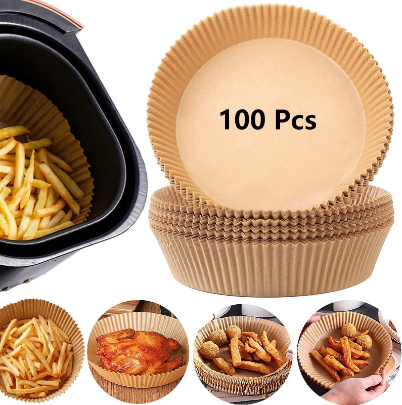 Photo 1 of  Air Fryer Disposable Paper Liner, 100PCS Non-stick Disposable Liners, Baking Paper for Air Fryer Oil-proof, Water-proof, Food Grade Parchment for Baking Roasting Microwave (100Pcs-6.3 inch) 