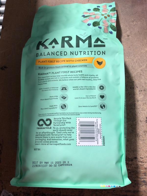 Photo 1 of *EXPIRES 5/23*Karma Balanced Nutrition Plant-First Recipe with Chicken Adult Dry Dog Food, 4 lbs.