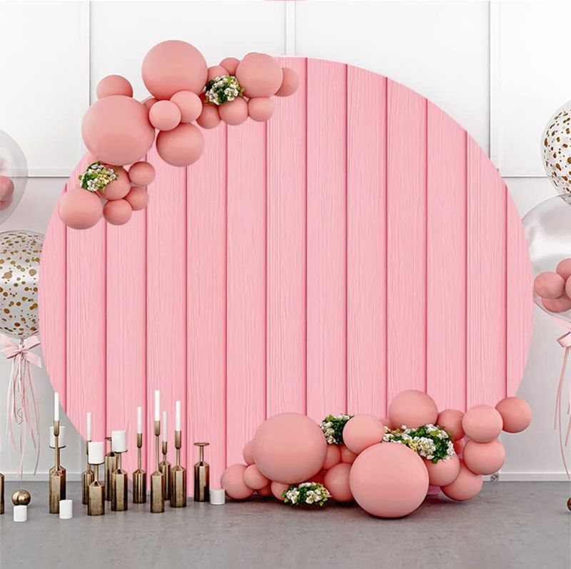 Photo 1 of ( Bundle Two Pack ) Laeacco Rustic Pink Wood Round Backdrop Cover 7.5x7.5ft Pink Wooden Circle Backdrop Stand Cover Polyester Retro Pink Wood Plank Photography Background Bridal Shower Birthday Party Wedding Photo Studio