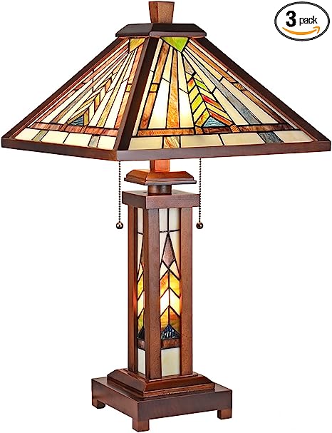 Photo 1 of   COTOSS Tiffany Table Lamp Night Light,Handmade Stained Glass Lamp for Reading,3 Lights Wood Trim Mission Vintage Desk Lamp for Home and Office
