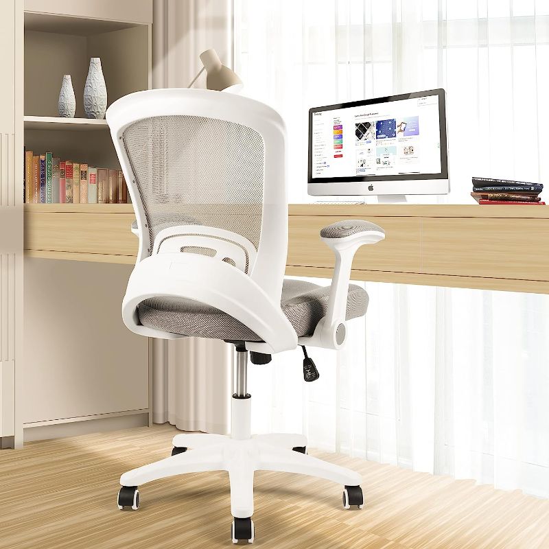 Photo 1 of HYLONE Office Chair, White Computer Desk Chair, Mid-Back Task Chair Swivel, Flip-up Arms, Lumbar Support, Adjustable Height, Grey Mesh
