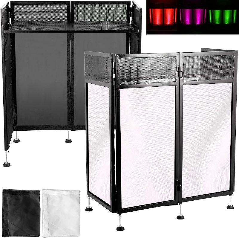 Photo 1 of  DJ Facade Table Station, DJ Booth Flat Table Top 20x40 Inch, Adjustable DJ Event Facade with White & Black Scrim, Folding DJ Booth Metal Frame, Foldable Cover Screen