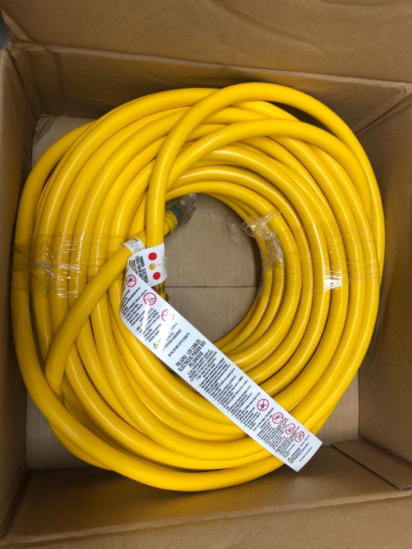 Photo 1 of 100 Foot Lighted Outdoor Extension Cord - 10/3 SJTW Yellow 10 Gauge Extension Cable with 3 Prong Grounded Plug for Safety - Great for Garden and Major Appliances