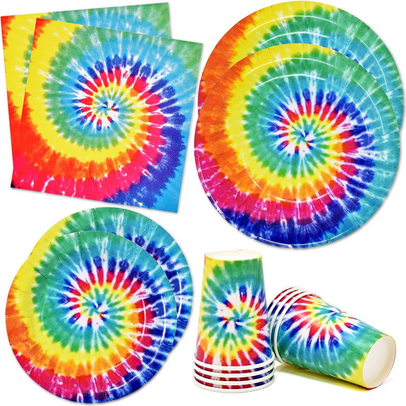 Photo 1 of 96Pcs tie dye Paper Plates and Napkins - tie dye Party Decoration Supplies Serve 24 Guests