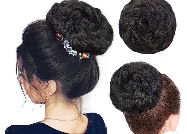 Photo 1 of 3 Earfodo Messy Bun Hair Piece Human Hair, 100% Human Hair Bun Extension Scrunchie Chignon Ponytail Extensions updo hair pieces for women for Women/Kids(Natural Black