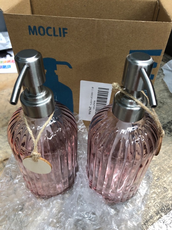 Photo 2 of MOCLIF 2PACK 16OZ Glass Soap Dispenser with 316 Stainless Steel Pump Refillable Hand Soap Dispenser with Vertical Stripe? (Pink)