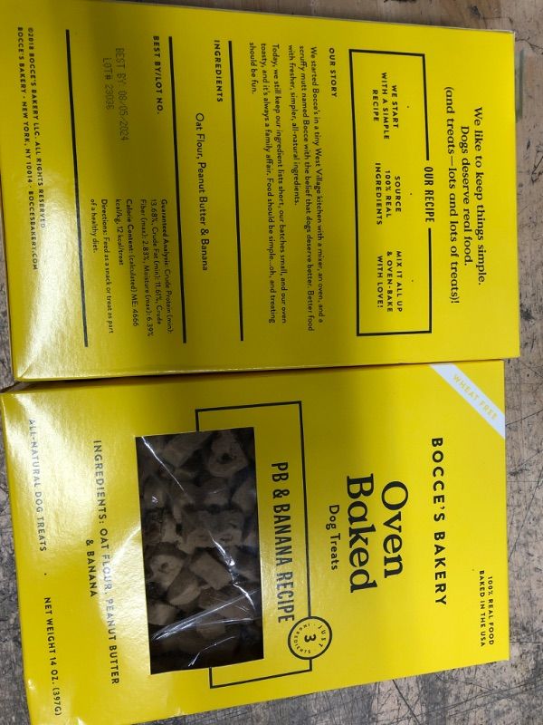 Photo 2 of 2 BOXES Bocce's Bakery Oven Baked PB & Banana Recipe Treats for Dogs, Wheat-Free Dog Treats, Made with Real Ingredients, Baked in The USA, All-Natural Peanut Butter & Banana Biscuits, 14 oz