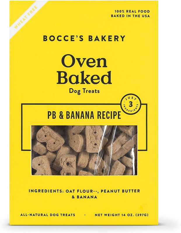 Photo 1 of 2 BOXES Bocce's Bakery Oven Baked PB & Banana Recipe Treats for Dogs, Wheat-Free Dog Treats, Made with Real Ingredients, Baked in The USA, All-Natural Peanut Butter & Banana Biscuits, 14 oz