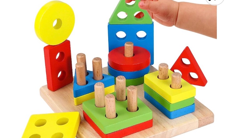 Photo 1 of 2 Lewo Wooden Educational Toddler Toys for 3 4 5 Year Old Boys Girls Preschool Shape Color Recognition Sorting & Stacking Shapes Sorter Geometric Blocks for Kids