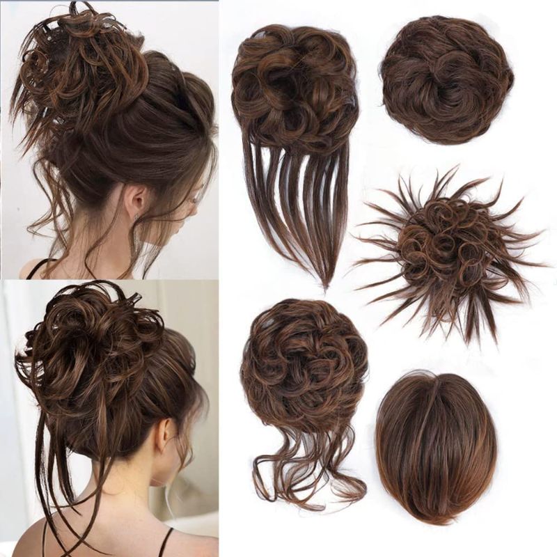 Photo 1 of Lativ 5PCS Messy Hair Bun Tousled Updo Hair Scrunchies Extension With Elastic Rubber Band Straight Hair Bun Hair Pieces Curly Hair Accessories Set for Women Girls (Dark Brown mix Light Auburn)
