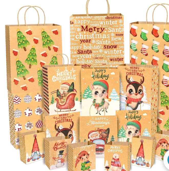 Photo 1 of **ALL BAGS HAVE DIFFERENT DESIGNS**
24 Pcs Gift Bags Christmas Assorted Sizes Bulk with Handle for Xmas Holiday 8 Large 13 * 10.4 * 5.7 inch8 Medium 9.6 * 7.7 * 4.3 inch 8 Small 6.5 * 5.5 * 2.9 inch