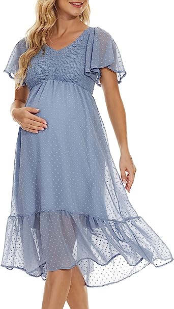 Photo 1 of Domee Maternity Dress Swiss Dots Midi V-Neck Short Ruffle Sleeve Flowy Summer Solid Color Elegant Photoshoot Baby Shower XL 