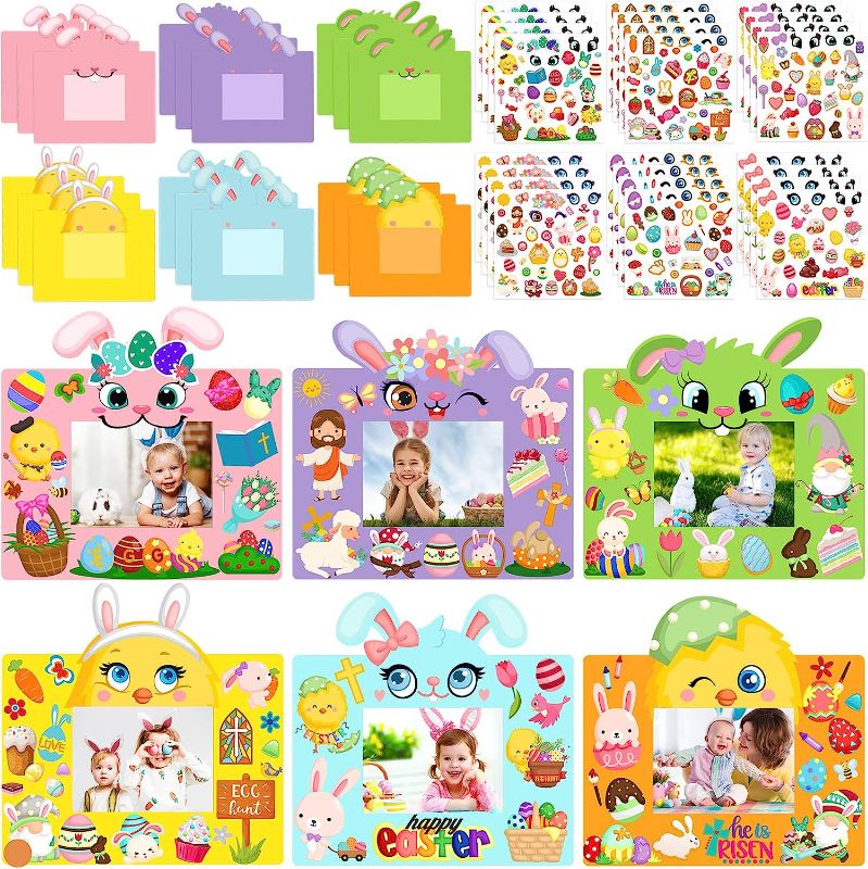 Photo 1 of Bundle of 3 Maitys 48 Pcs Easter Spring Crafts for Kids DIY Picture Frame Craft Kits 24 Pcs Easter Bunny Picture Frame 24 Sheets 600 Pcs Egg Chick He Is Risen Spring Sticker for Classroom Kid Activities Art Games
