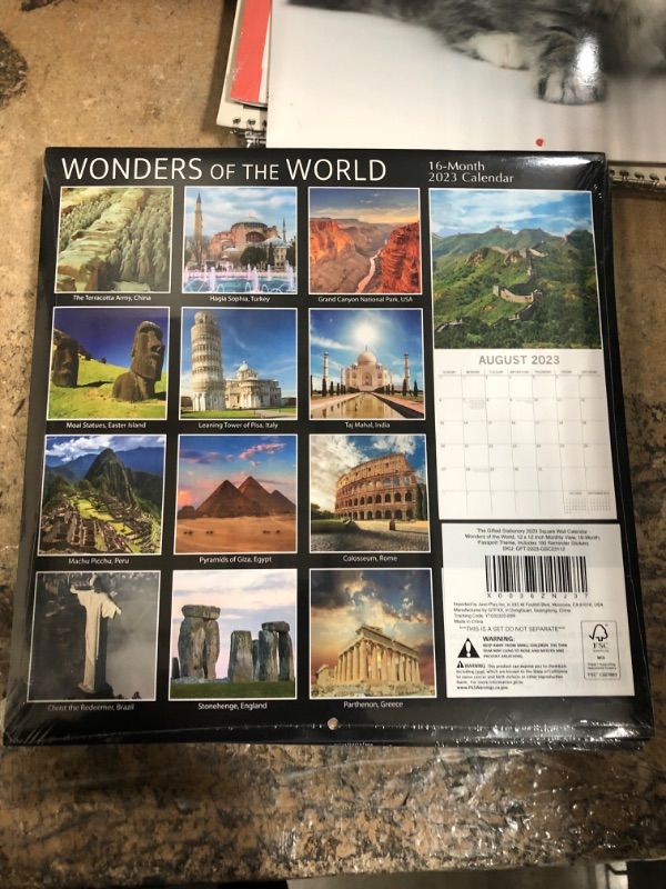 Photo 2 of 2023 Square Wall Calendar, Wonders of the World, 16-Month Passport Collection Theme with 180 Reminder Stickers (12x12 In)