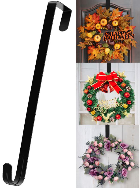 Photo 1 of (3 PACK) 15" Wreath Hanger for Front Door - Halloween Christmas Easter Decoration Metal Over The Door Single Hook Ornament Wreath Door Hanger (Black) 15"-
