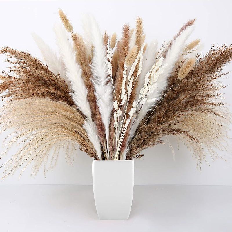 Photo 1 of 130Pcs Pampas Grass, Natural Dried Pampas Grass for Boho Home Decor, Wedding Decor, Kitchen Decor, Fluffy Pompous Grass, Reed Grass, Natural Bunny Tails Pampas
