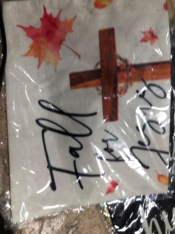 Photo 4 of 2 PACK ricluck Fall Garden Flag 12 x 18 Inch Vertical Double Sided Fall for Jesus He Never Leaves Autumn Cross Pumpkin Flag for Outside Yard Flag Outdoor Decorations, Garden Size: 12 x 18''