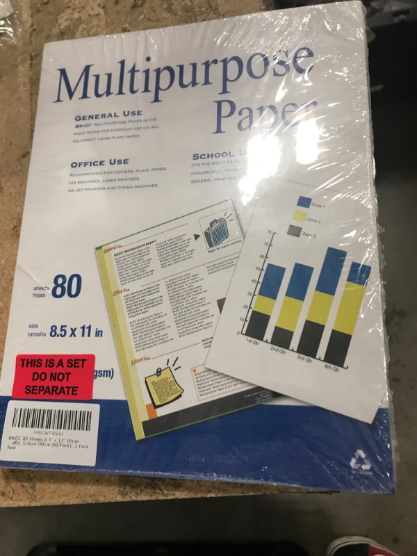 Photo 2 of BAZIC 50 Sheets 8.5" x 11" White Multipurpose Paper, 20 LB (75 gsm), Copy Paper Fax Laser & General Printing, Create Report Document Presentation Flyer Arts Crafts, School Office (50/Pack), 2-Pack 2-Pack White