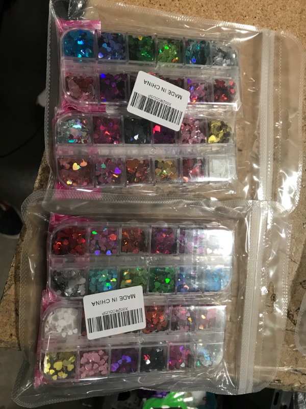 Photo 2 of 2 PACK**NY Valentine's Day Nail Art Heart Glitter 24 Colors 3D Holographic Sparky Heart Nail Sequins Mixed Size Glitters Heart Flakes Acrylic Nail Supplies Decoration for Women DIY Nail Accessory