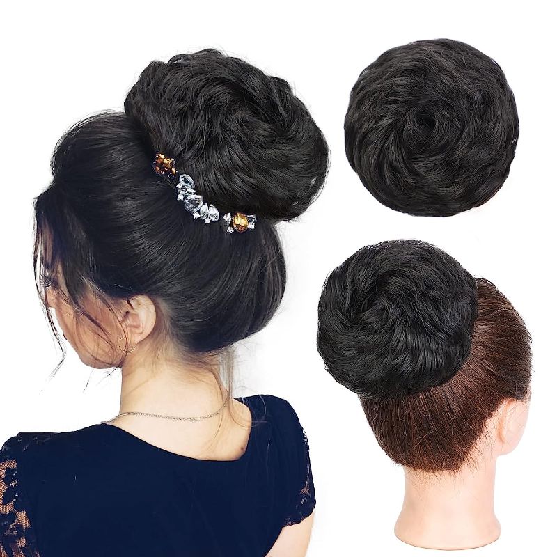 Photo 1 of 7 PACK**Earfodo Messy Bun Hair Piece Human Hair, 100% Human Hair Bun Extension Scrunchie Chignon Ponytail Extensions updo hair pieces for women for Women/Kids(Natural Black)
