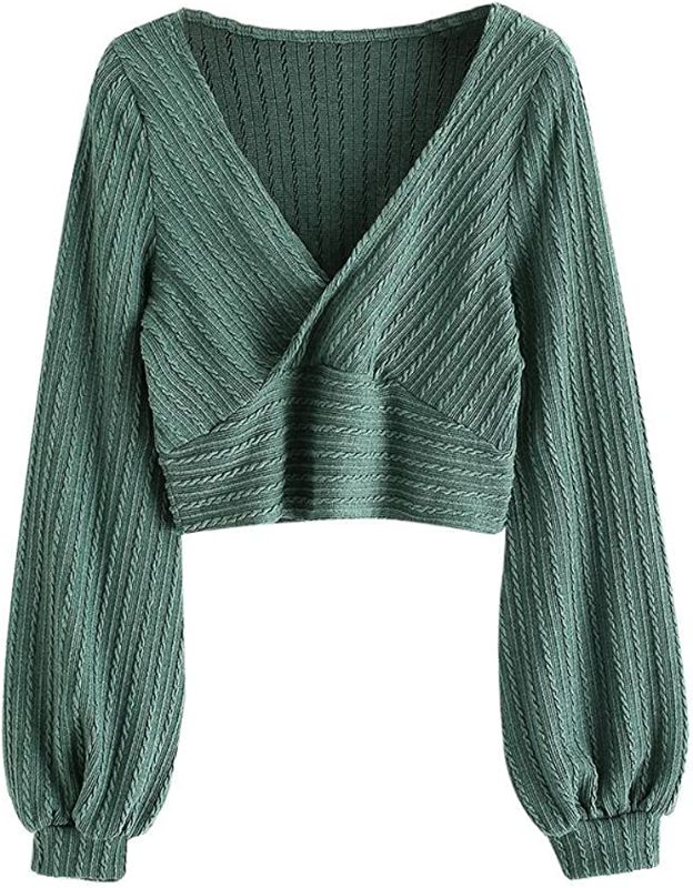 Photo 1 of (USED STOCK PHOTO AS REFERENCE)Women's Pullover Ribbed Cropped Knitwear Drawstring Ruched Knitted Crop Top Solid V-Neck Long Sleeve T-Shirt Green S