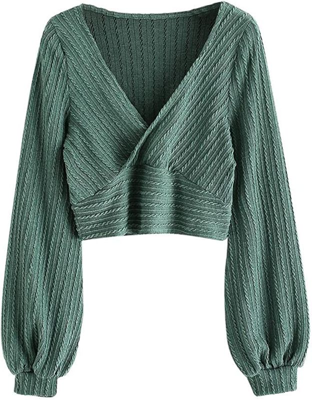 Photo 1 of (USED STOCK PHOTO AS REFERENCE)Women's Pullover Ribbed Cropped Knitwear Drawstring Ruched Knitted Crop Top Solid V-Neck Long Sleeve T-Shirt Green L