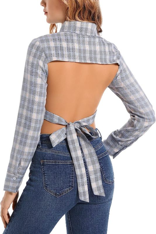 Photo 1 of Mxrag Women's Lace Up Knot Back Pocket Backless Plaid Jacket Button Down Shirt (s)