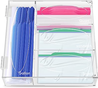 Photo 1 of  Ziplock Bag Storage Organizer - Acrylic Kitchen Drawer Baggie Organizer Box for Gallon, Quart, Sandwich and Snack, Compatible with Ziploc, Solimo, Hefty, Glad Bags Variety Size
