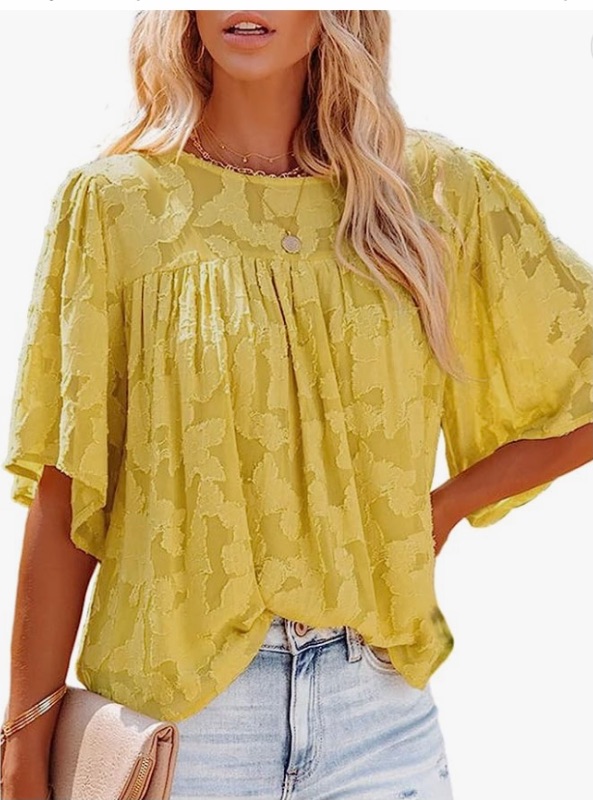 Photo 1 of LARGE
 Womens Crewneck Ruffle 3/4 Bell Sleeve Blouse Babydoll Tops Lace Shirts Casual Loose Summer Tops