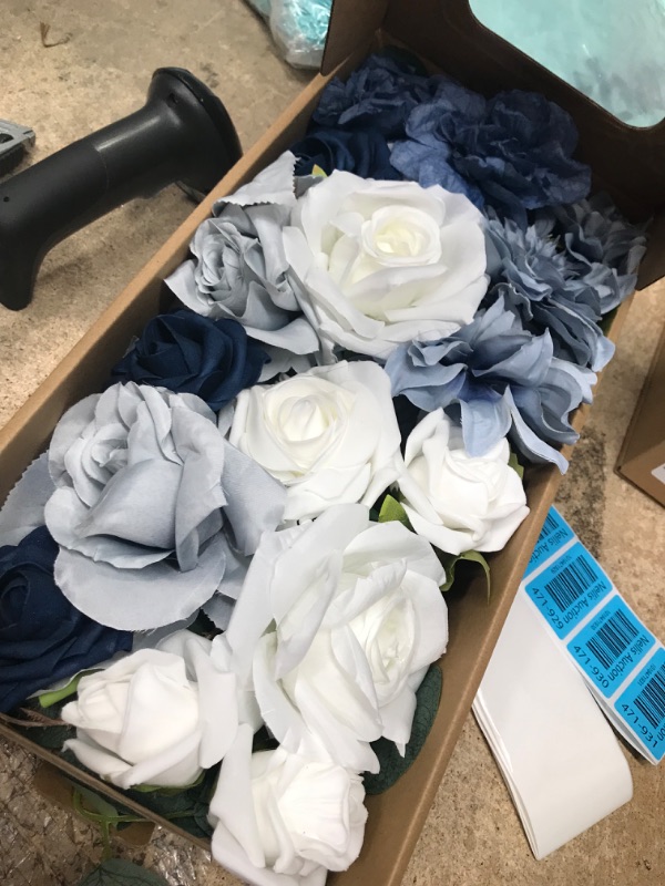 Photo 2 of  Artificial Dahlia Flowers Combo Realistic Fake Rose with Stem for DIY Wedding Bouquets Centerpieces Bridal Shower Party Home Decorations(Dusty Blue) Vintage Dusty Blue