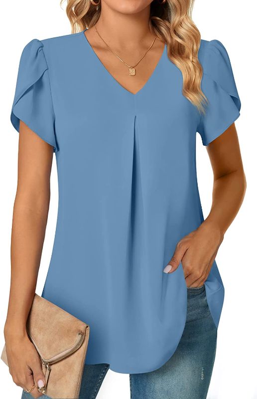 Photo 1 of Anyally Women's Summer Dressy Chiffon Blouses V Neck Short Sleeve Tunic Tops for Leggings Casual T-Shirts, BLUE, SIZE XL
