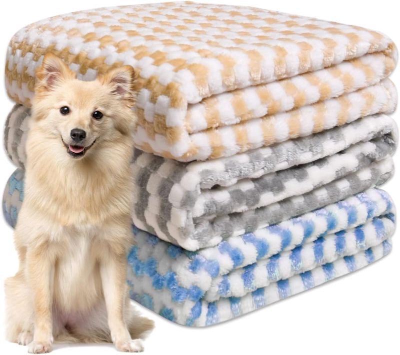 Photo 1 of Awaytail Dog Blankets for Large Medium Small Dogs, Pet Blankets for Dog Bed Cover, Puppy Blankets for Couch, Kitten Blanket, Soft Fleece Blankets for Dogs, Cats, 39"x27"(Blue+Grey+Yellow, 3 Pack)
